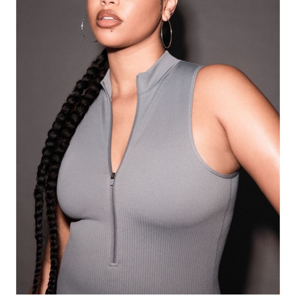 Garage Zip-Up Sleeveless Bodysuit in Gray